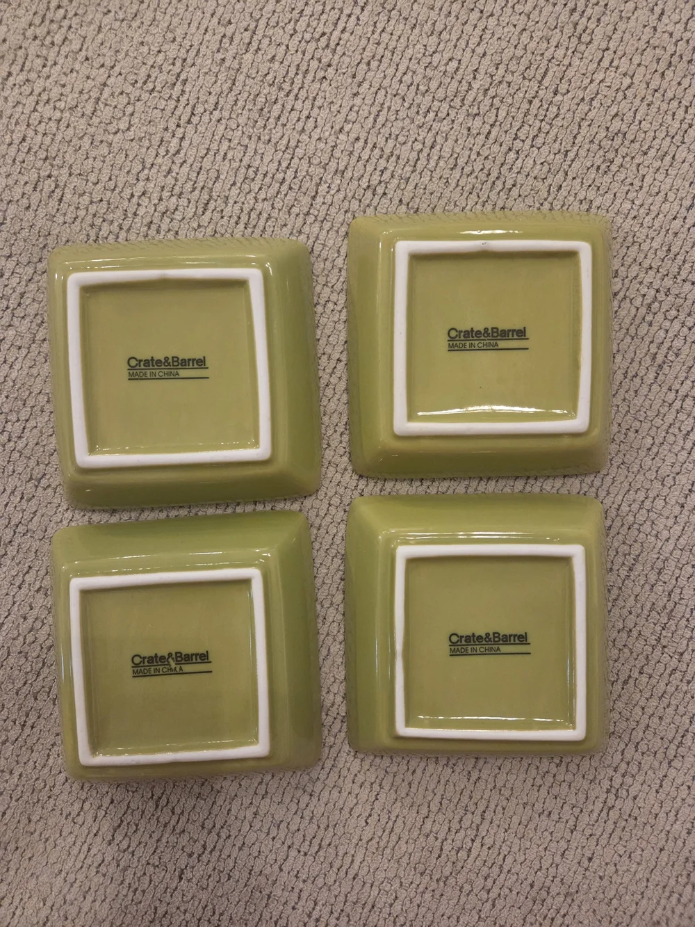 Square Olive Green Ceramic Dishes with White Floral Motif - Set of 4